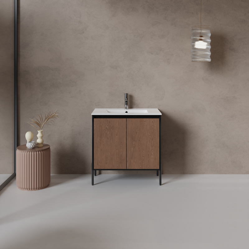 Goodyo 30" Modern Bathroom Vanity with Sink Combo – Fluted Walnut & Black Freestanding Cabinet with Adjustable  Metal Feet