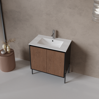 Goodyo 30" Modern Bathroom Vanity with Sink Combo – Fluted Walnut & Black Freestanding Cabinet with Adjustable  Metal Feet