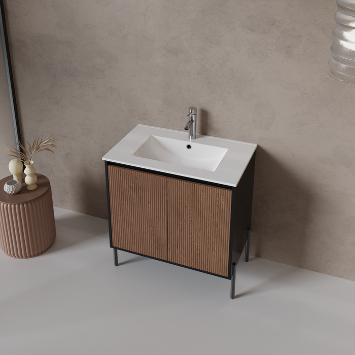 Goodyo 30" Modern Bathroom Vanity with Sink Combo – Fluted Walnut & Black Freestanding Cabinet with Adjustable  Metal Feet