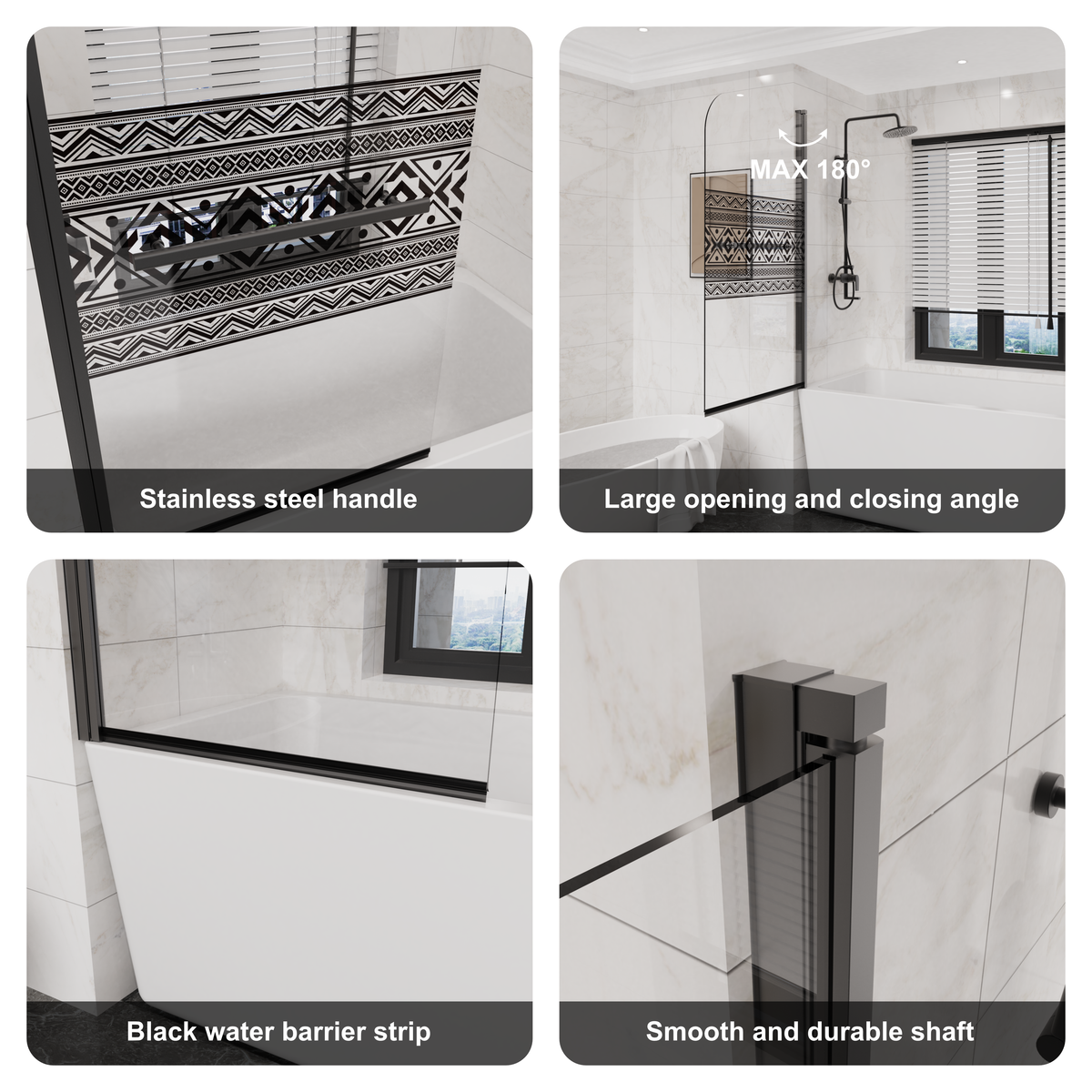 Goodyo 32 in W x 55 in H Bohemian Pattern Tempered Glass Pivot Shower Door for Bathtub, Black Frame, Stainless Steel Handle