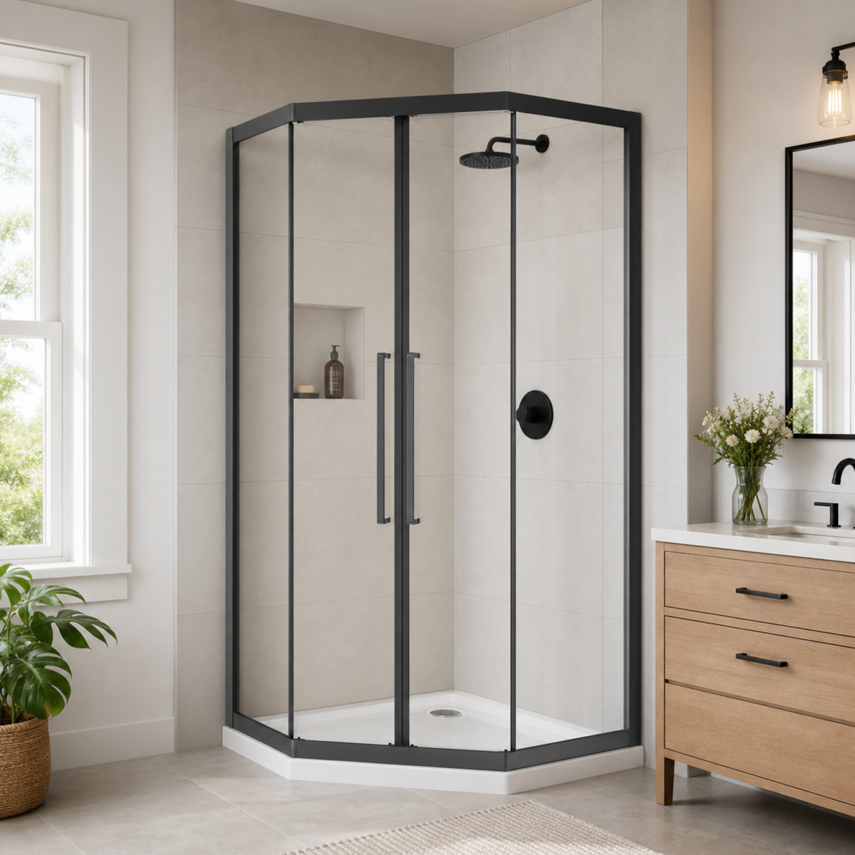 Goodyo Neo-Angle Shower Kit, 36"x36"x72" Corner Shower Door with White Base, Double Sliding Matte Black Shower Door Set, Clear Tempered Glass Enclosure