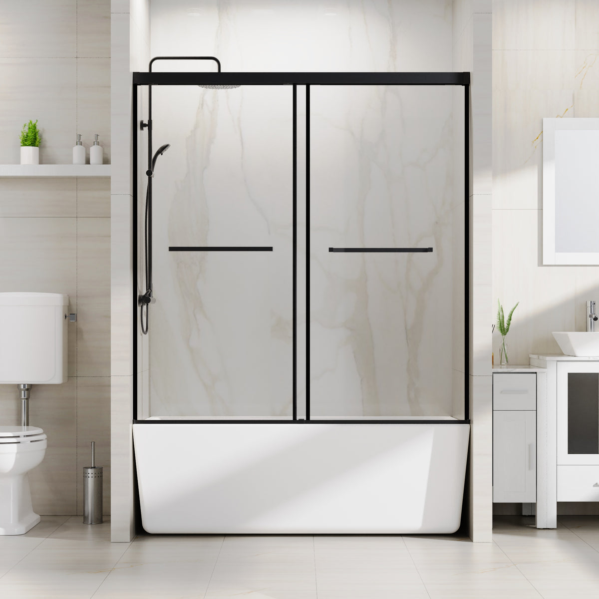 Goodyo 58.5-60 in. W x 62 in. H Sliding Tub Shower Door, Soft-Close Dual Sliding Glass Door with Matte Black Aluminum Frame