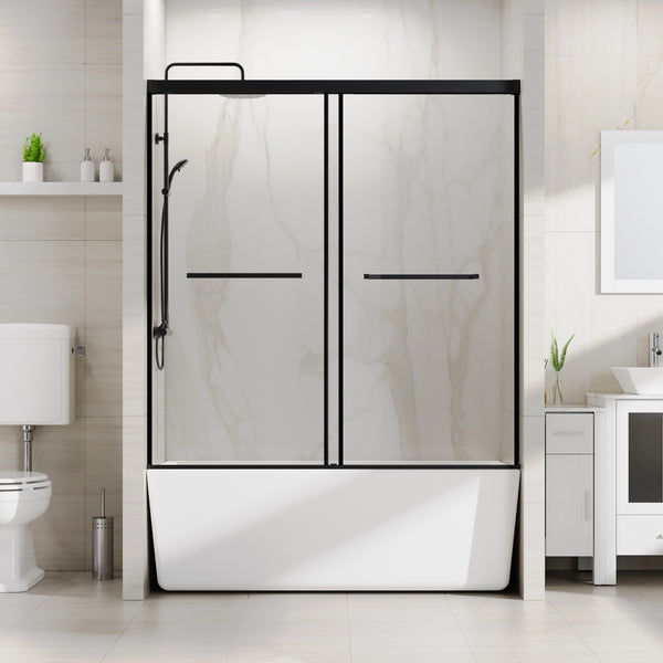 Goodyo 58.5-60 in. W x 62 in. H Sliding Tub Shower Door, Soft-Close Dual Sliding Glass Door with Matte Black Aluminum Frame