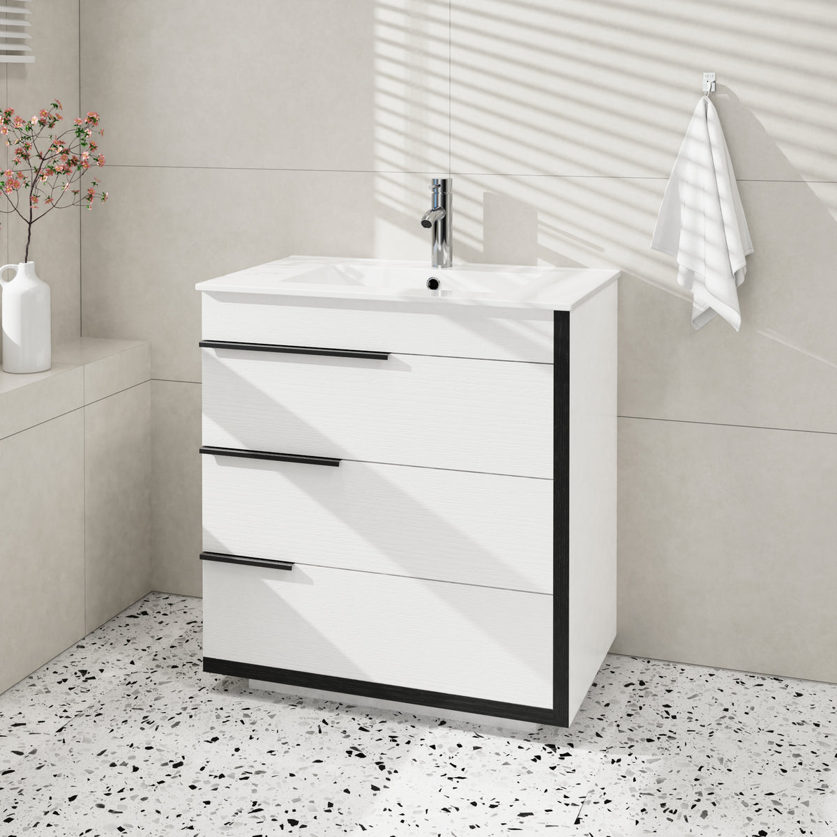 Goodyo 30" Modern Bathroom Vanity with Ceramic Sink, Freestanding 3 Drawers Bathroom Cabinet