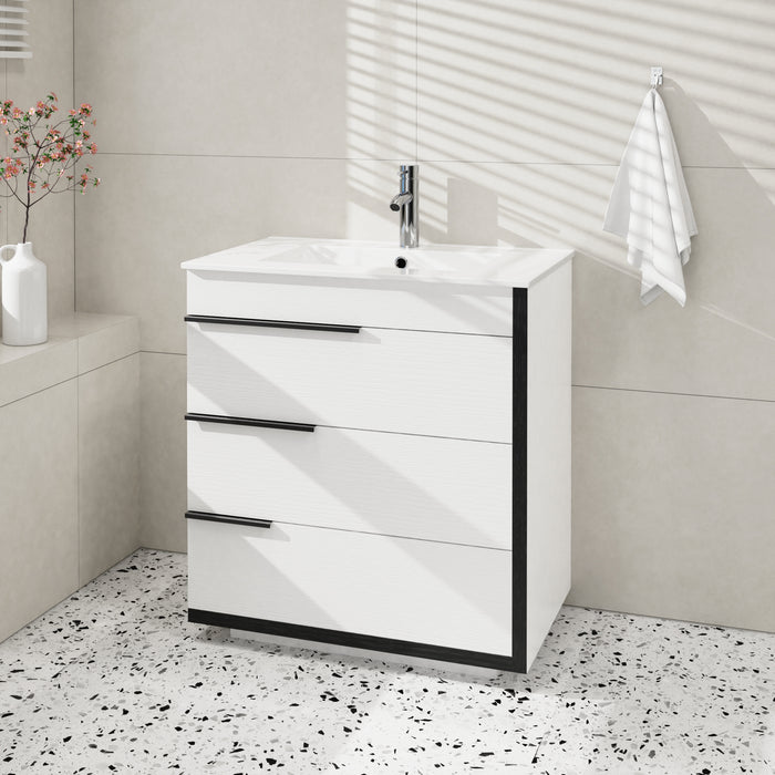 Goodyo 30" Modern Bathroom Vanity with Ceramic Sink, Freestanding 3 Drawers Bathroom Cabinet