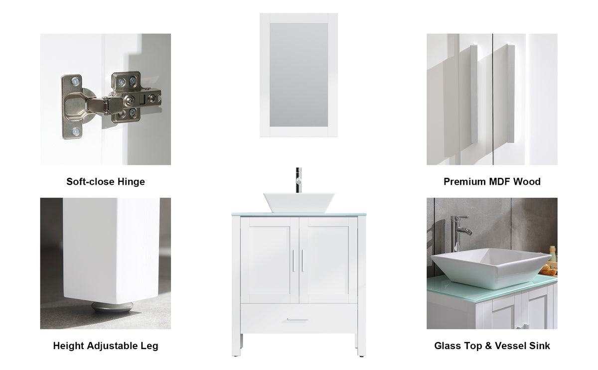 Goodyo® 30" White Bathroom Vanity w/ Glass Top, Vessel Sink & Mirror