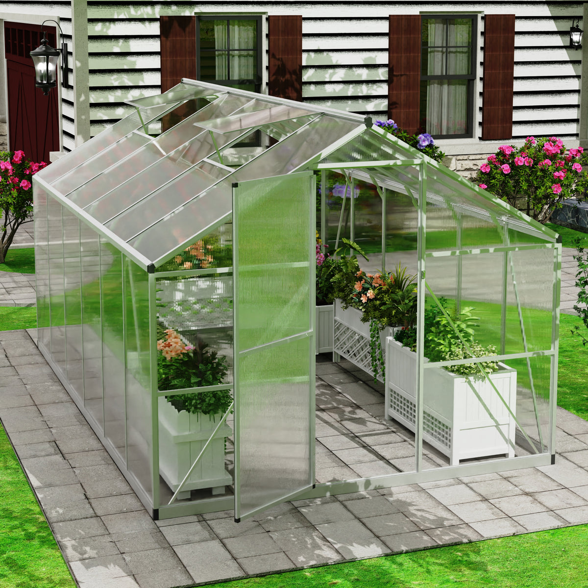 7.87x11.88 FT Large Greenhouse for Outdoors, Polycarbonate Walk-in Greenhouse with Roof Vent for Garden, Backyards, Silver