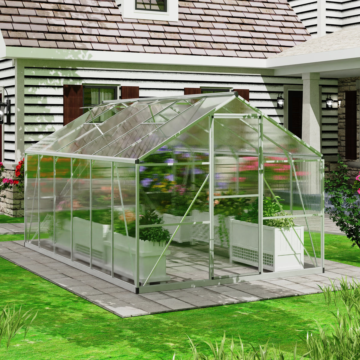 7.87x11.88 FT Large Greenhouse for Outdoors, Polycarbonate Walk-in Greenhouse with Roof Vent for Garden, Backyards, Silver