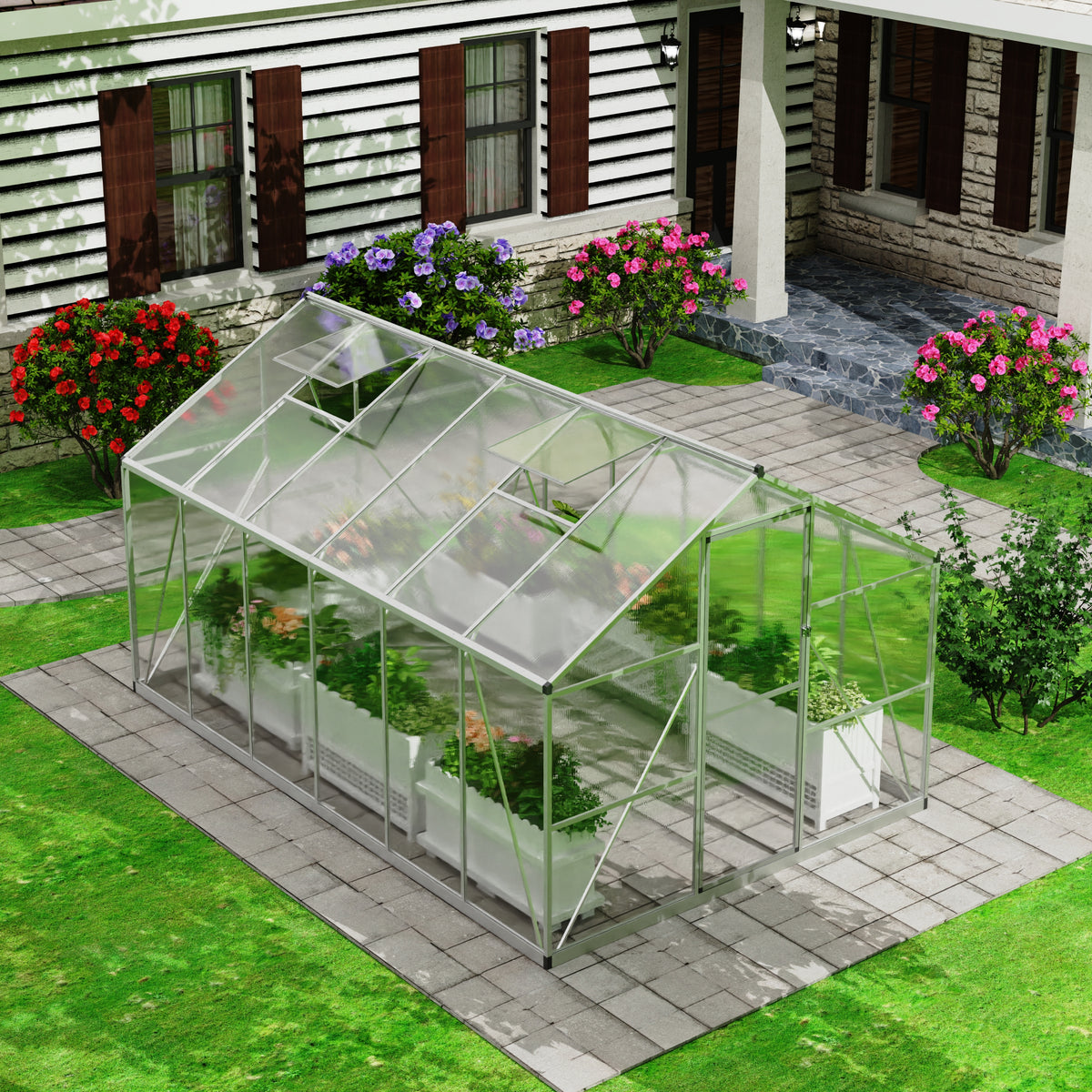 7.87x11.88 FT Large Greenhouse for Outdoors, Polycarbonate Walk-in Greenhouse with Roof Vent for Garden, Backyards, Silver