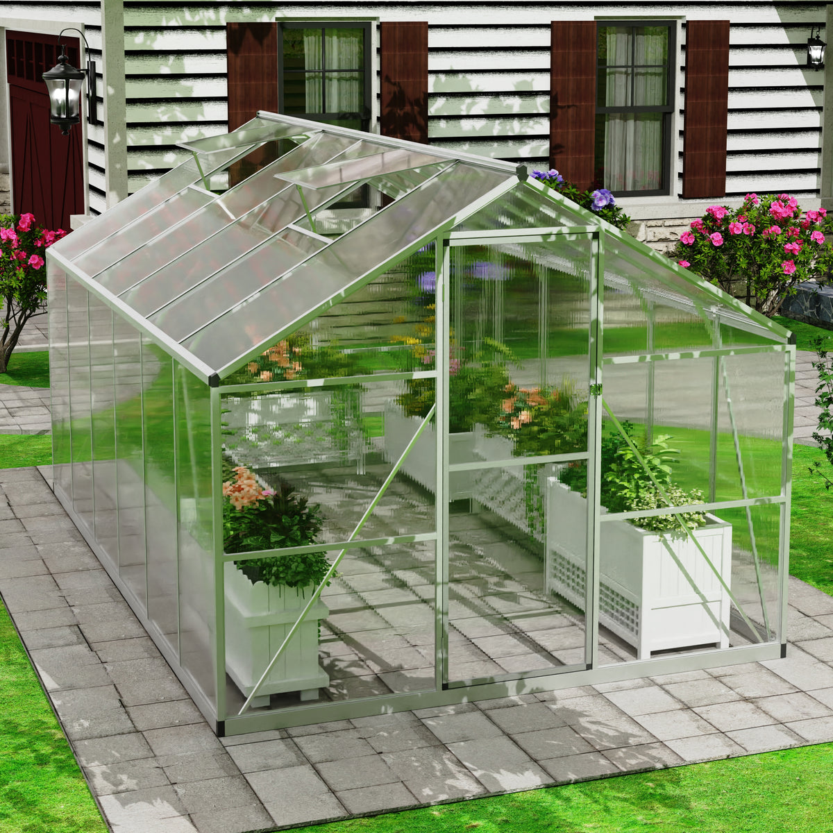 7.87x11.88 FT Large Greenhouse for Outdoors, Polycarbonate Walk-in Greenhouse with Roof Vent for Garden, Backyards, Silver