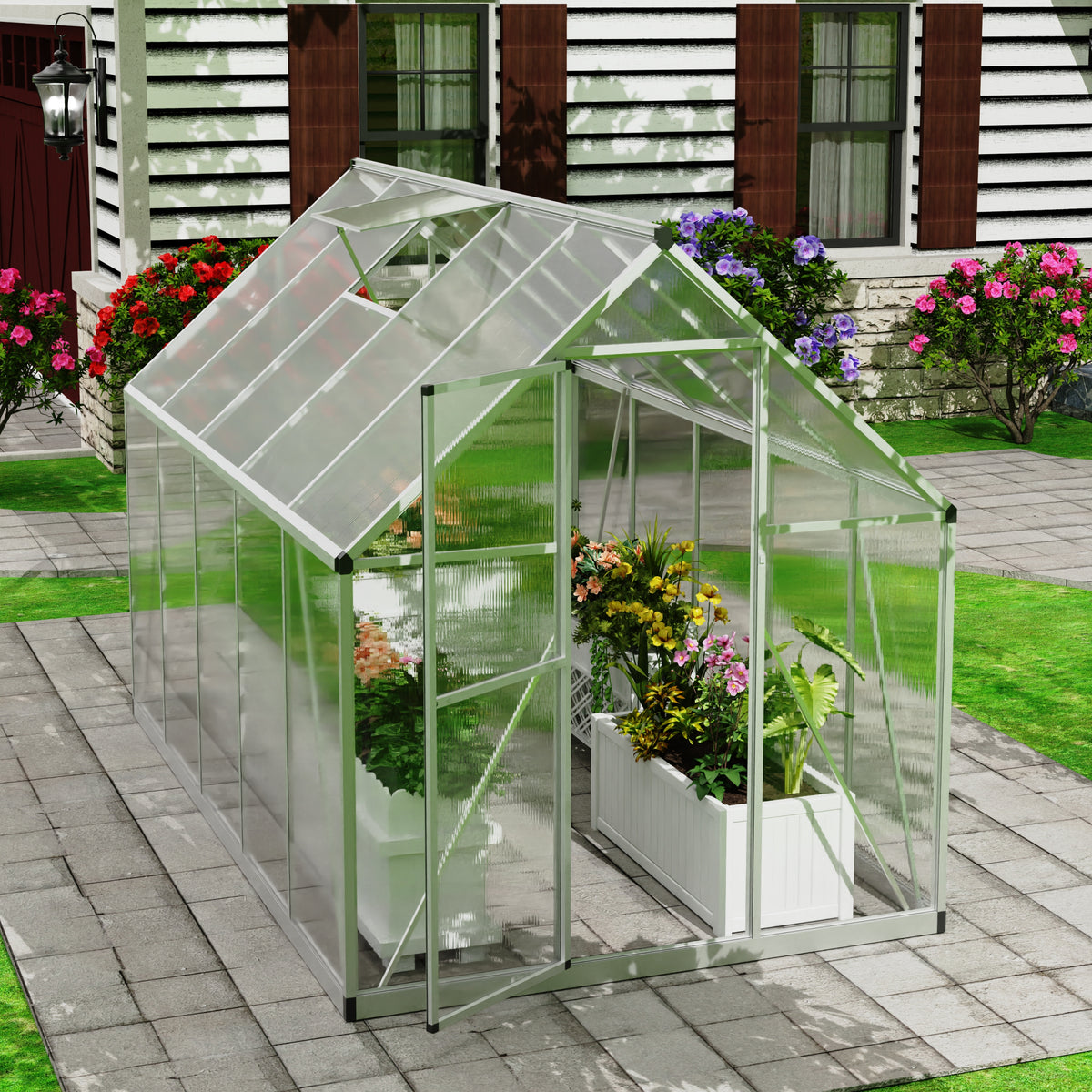 5.54’ x 9.17’ Polycarbonate Greenhouse for Outdoors, Large Aluminum Walk-in Greenhouse with Roof Vent Window & Lockable Door for Garden, Backyards, Easy Assembly, Silver