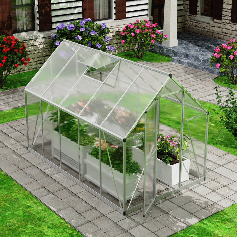 5.54’ x 9.17’ Polycarbonate Greenhouse for Outdoors, Large Aluminum Walk-in Greenhouse with Roof Vent Window & Lockable Door for Garden, Backyards, Easy Assembly, Silver