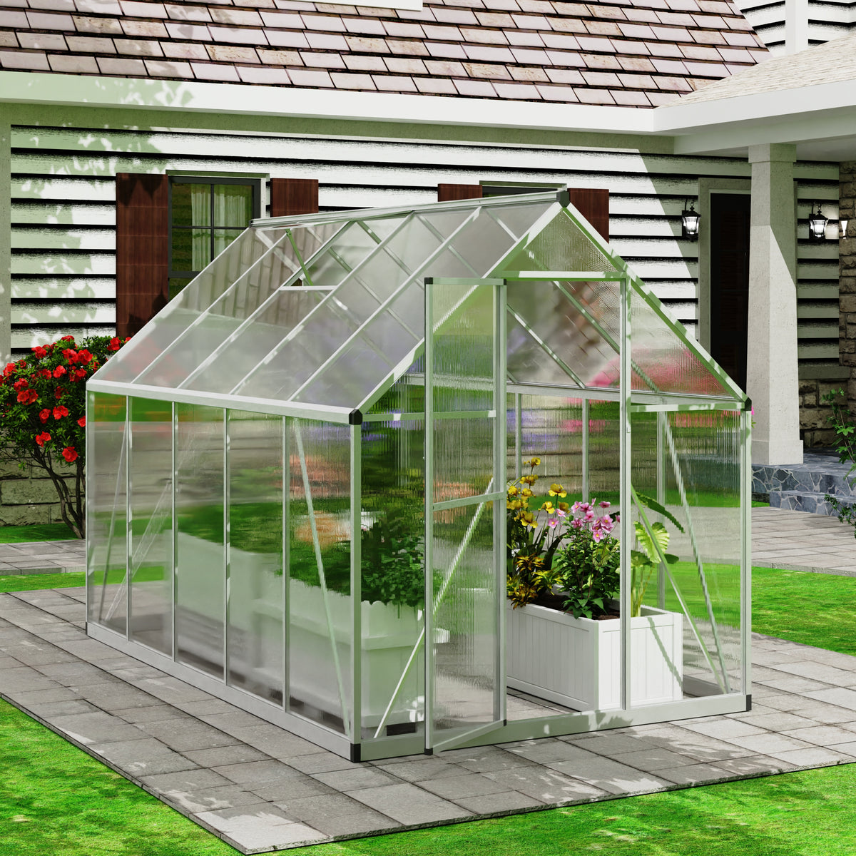 5.54’ x 9.17’ Polycarbonate Greenhouse for Outdoors, Large Aluminum Walk-in Greenhouse with Roof Vent Window & Lockable Door for Garden, Backyards, Easy Assembly, Silver