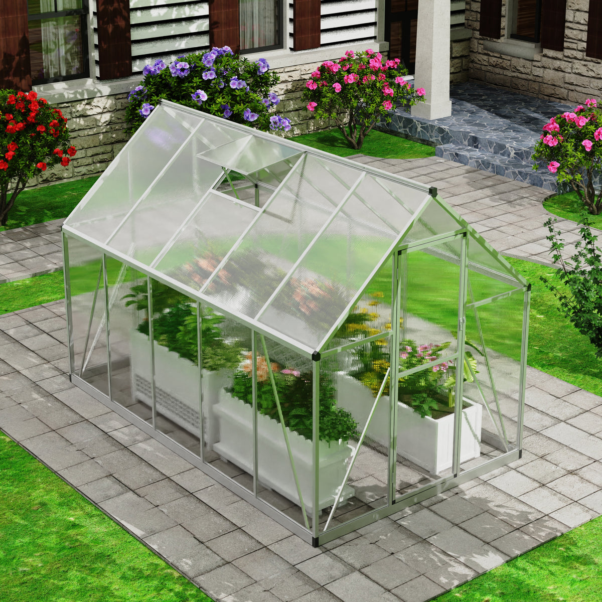 5.54’ x 9.17’ Polycarbonate Greenhouse for Outdoors, Large Aluminum Walk-in Greenhouse with Roof Vent Window & Lockable Door for Garden, Backyards, Easy Assembly, Silver