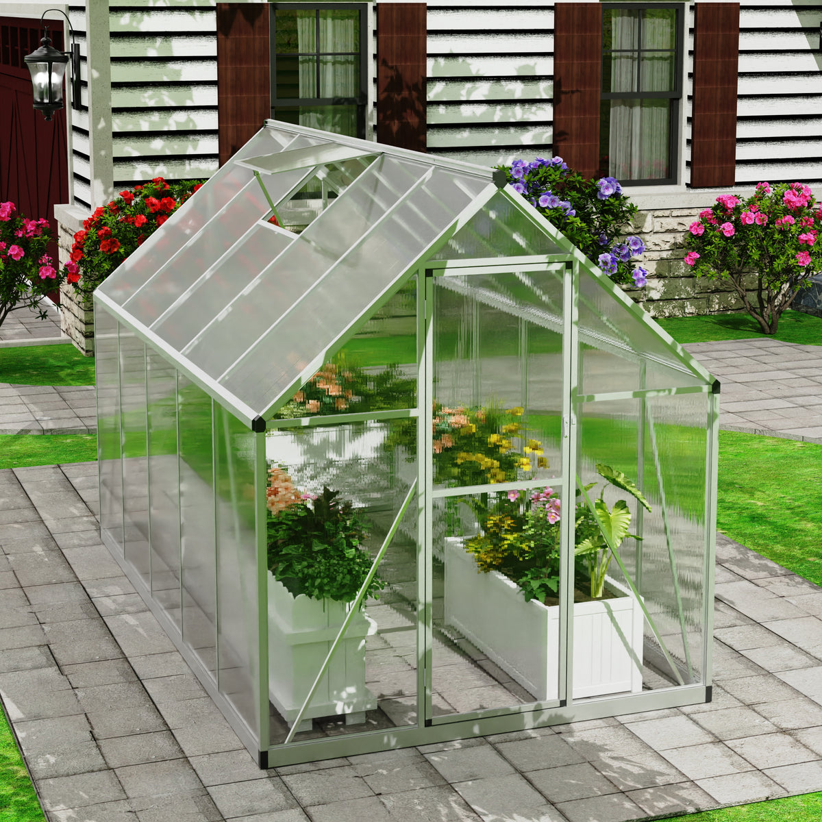 5.54’ x 9.17’ Polycarbonate Greenhouse for Outdoors, Large Aluminum Walk-in Greenhouse with Roof Vent Window & Lockable Door for Garden, Backyards, Easy Assembly, Silver