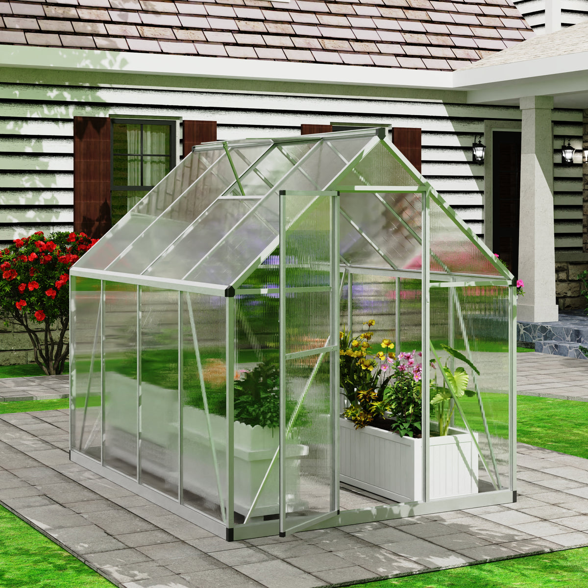 Goodyo® 7.35’ x 5.56’ Polycarbonate Greenhouse for Outdoors with Roof Vent Window & Lockable Door for Garden, Backyards, Walk in Aluminum Frame, Silver