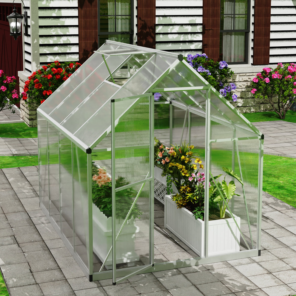 Goodyo® 7.35’ x 5.56’ Polycarbonate Greenhouse for Outdoors with Roof Vent Window & Lockable Door for Garden, Backyards, Walk in Aluminum Frame, Silver