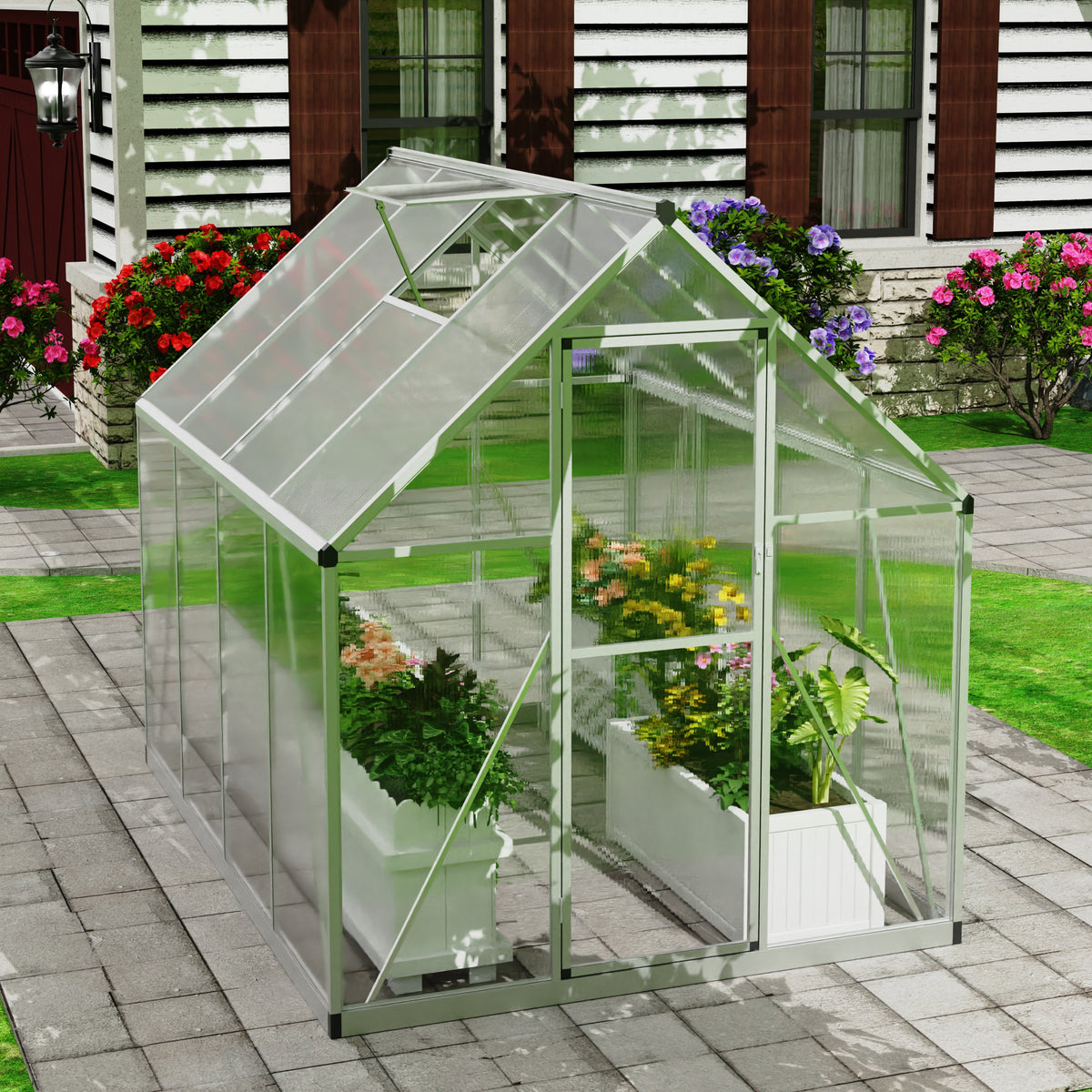 Goodyo® 7.35’ x 5.56’ Polycarbonate Greenhouse for Outdoors with Roof Vent Window & Lockable Door for Garden, Backyards, Walk in Aluminum Frame, Silver