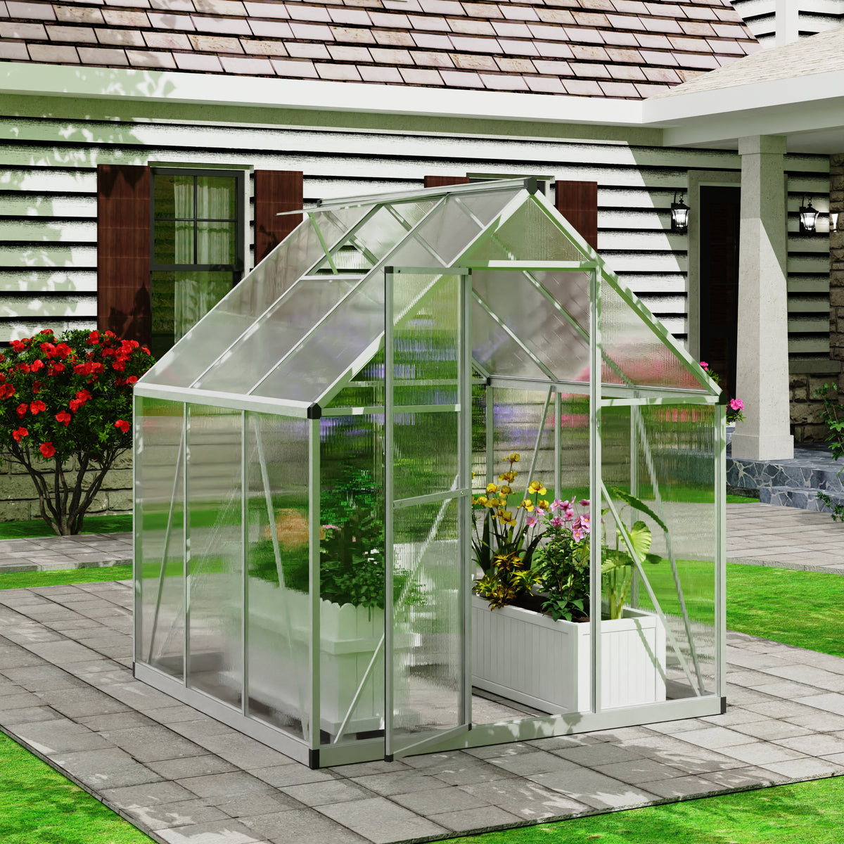 Goodyo® 5.58’ x 5.54’ Easy Assembly Walk in Polycarbonate Greenhouse with Roof Vent Window & Lockable Door for Garden, Backyards & Outdoors, Upgraded Structure, Silver