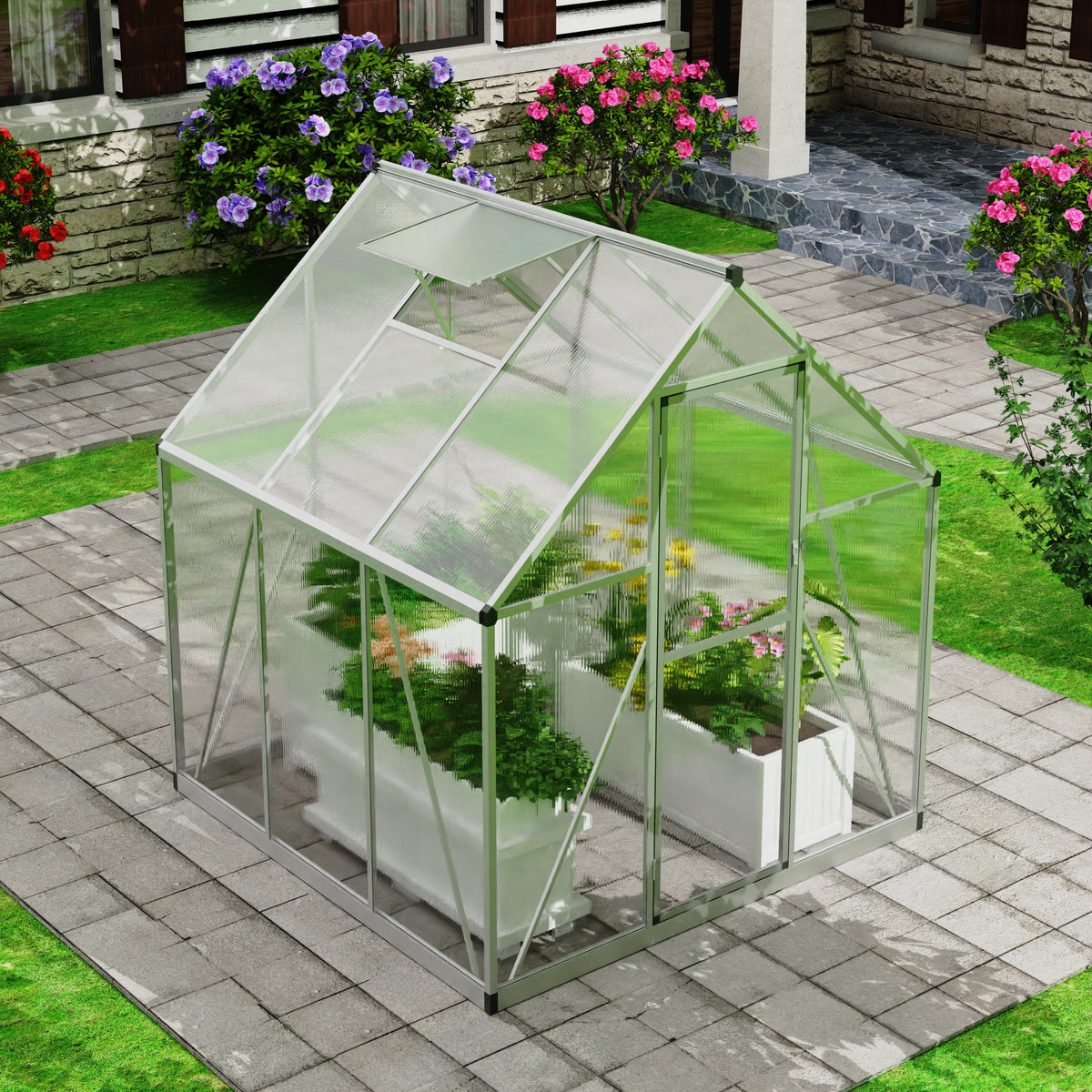 Goodyo® 5.58’ x 5.54’ Easy Assembly Walk in Polycarbonate Greenhouse with Roof Vent Window & Lockable Door for Garden, Backyards & Outdoors, Upgraded Structure, Silver