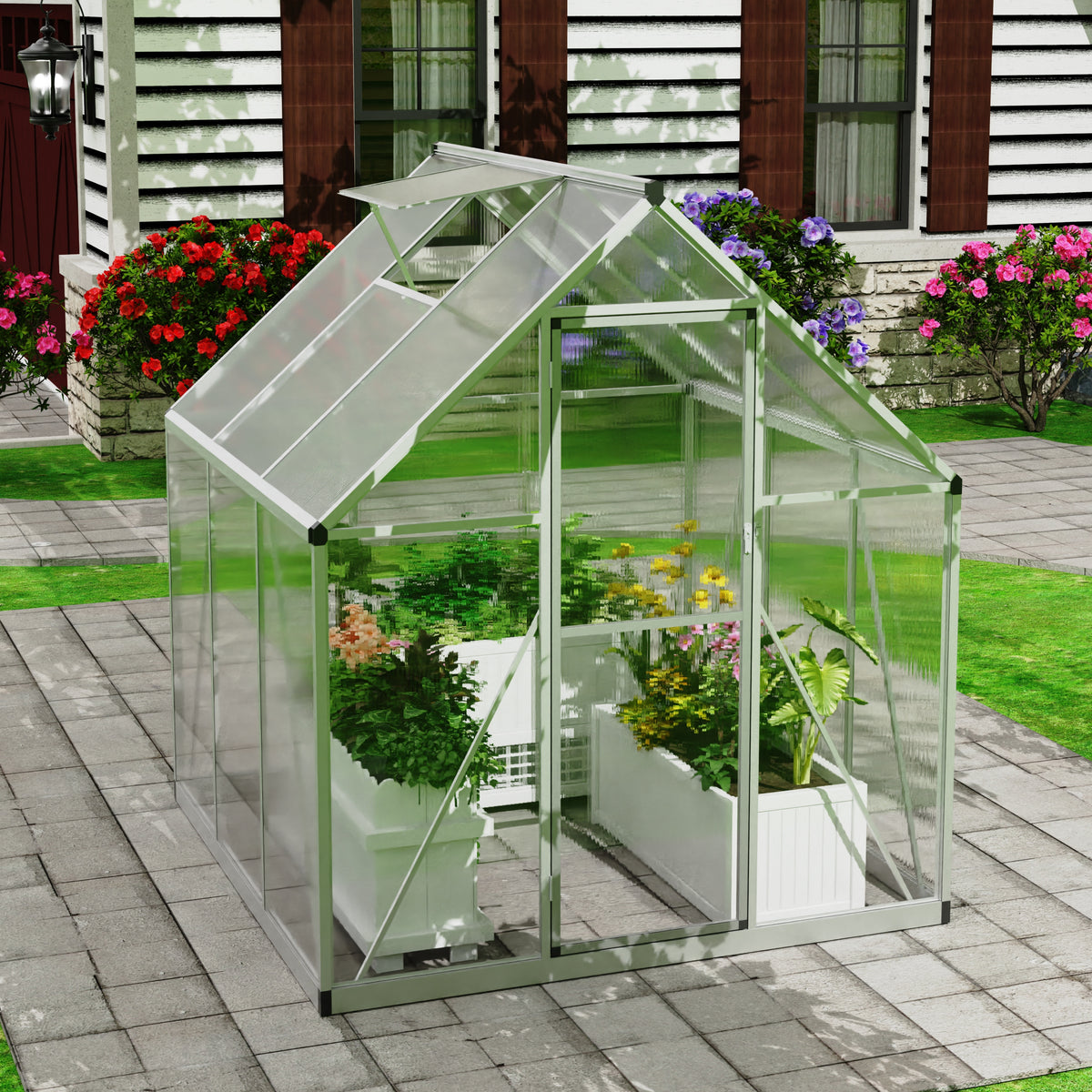 Goodyo® 5.58’ x 5.54’ Easy Assembly Walk in Polycarbonate Greenhouse with Roof Vent Window & Lockable Door for Garden, Backyards & Outdoors, Upgraded Structure, Silver