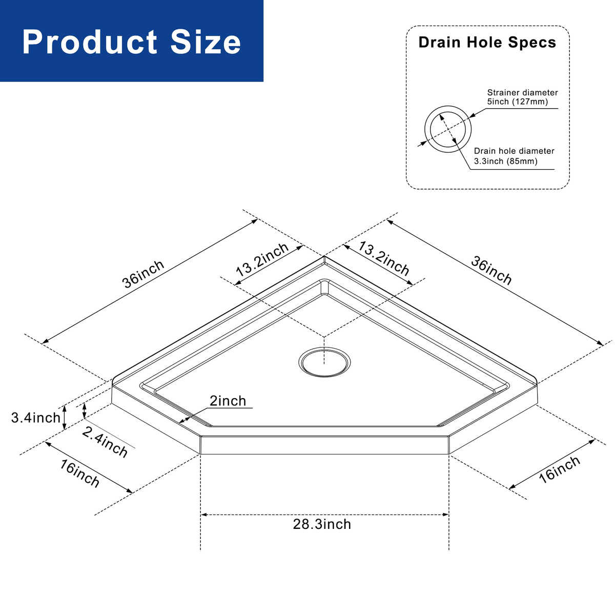 Goodyo Shower Pan 36" x 36" Neo-Angle Shower Base Black, Corner Drain Acrylic Shower Base (No Drain Kit)