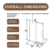 Goodyo 48" W x 72" H Frameless Sliding Shower Door, 1/4" Clear Tempered Glass, Reversible Single Sliding Door with Zinc Rollers & Stainless Steel Handle, Matte Black Finish