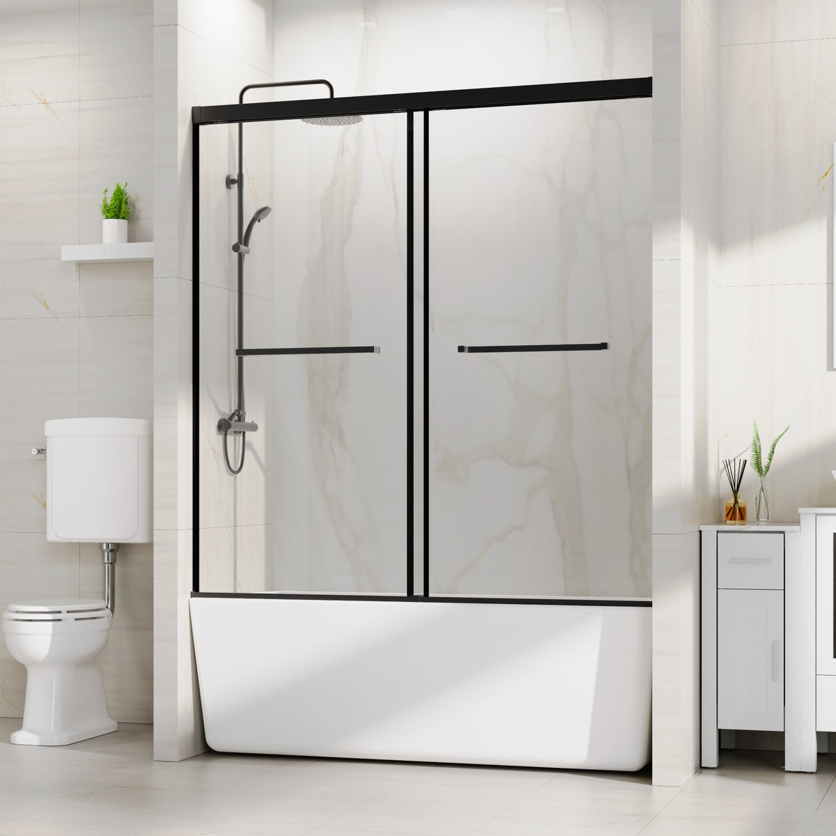 Goodyo 58.5-60 in. W x 62 in. H Sliding Tub Shower Door, Soft-Close Dual Sliding Glass Door with Matte Black Aluminum Frame