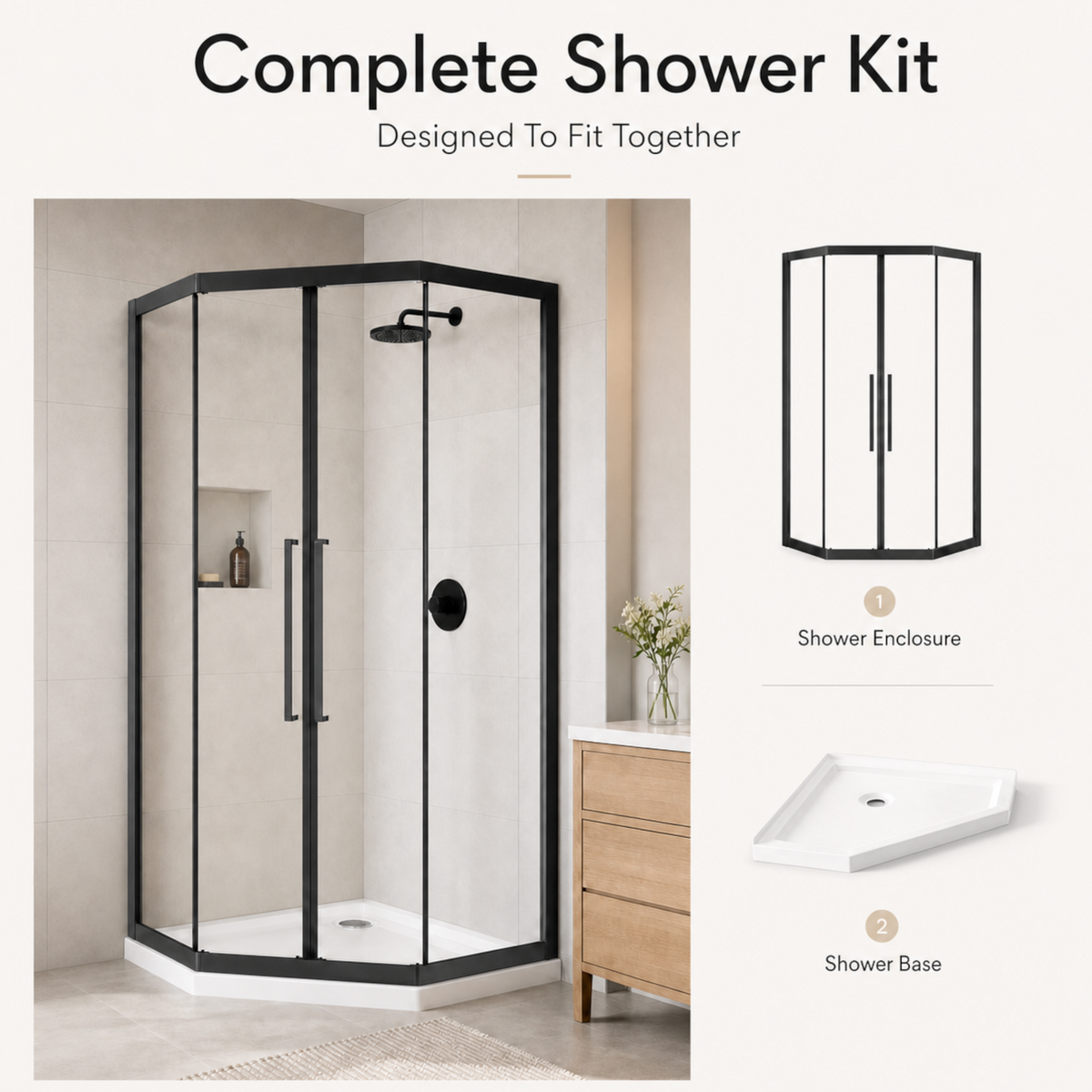 Goodyo Neo-Angle Shower Kit, 36"x36"x72" Corner Shower Door with White Base, Double Sliding Matte Black Shower Door Set, Clear Tempered Glass Enclosure