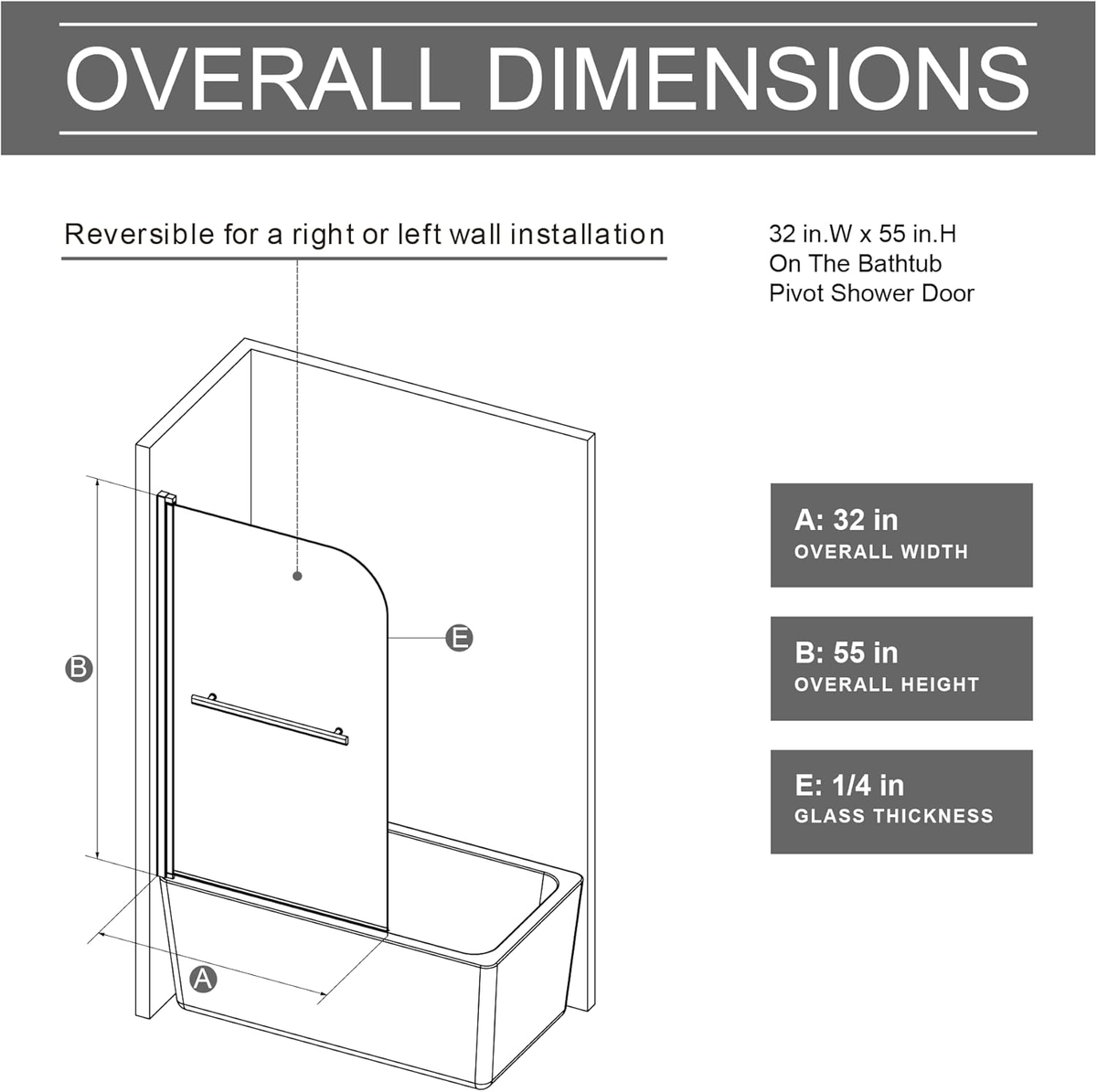 Goodyo 32 in W x 55 in H Bohemian Pattern Tempered Glass Pivot Shower Door for Bathtub, Black Frame, Stainless Steel Handle