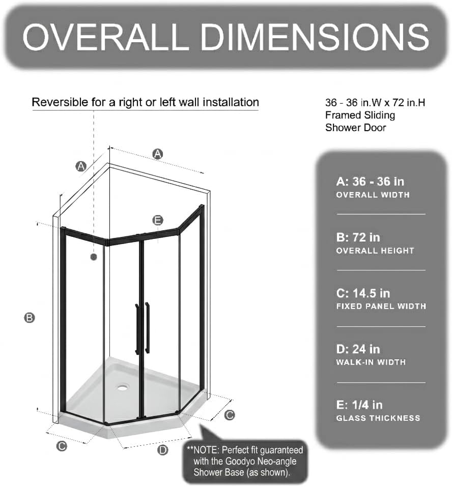 Goodyo Neo-Angle Corner Sliding Shower Door, 36x36x72 in, Full-Frame Tempered Clear Glass Enclosure with Silent Sliding System (No Base)