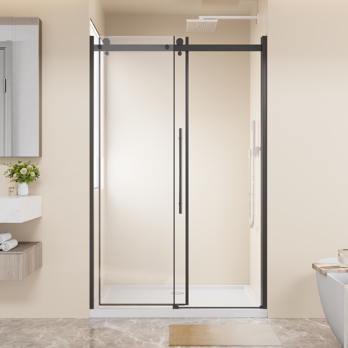 Goodyo 48" W x 72" H Frameless Sliding Shower Door, 1/4" Clear Tempered Glass, Reversible Single Sliding Door with Zinc Rollers & Stainless Steel Handle, Matte Black Finish