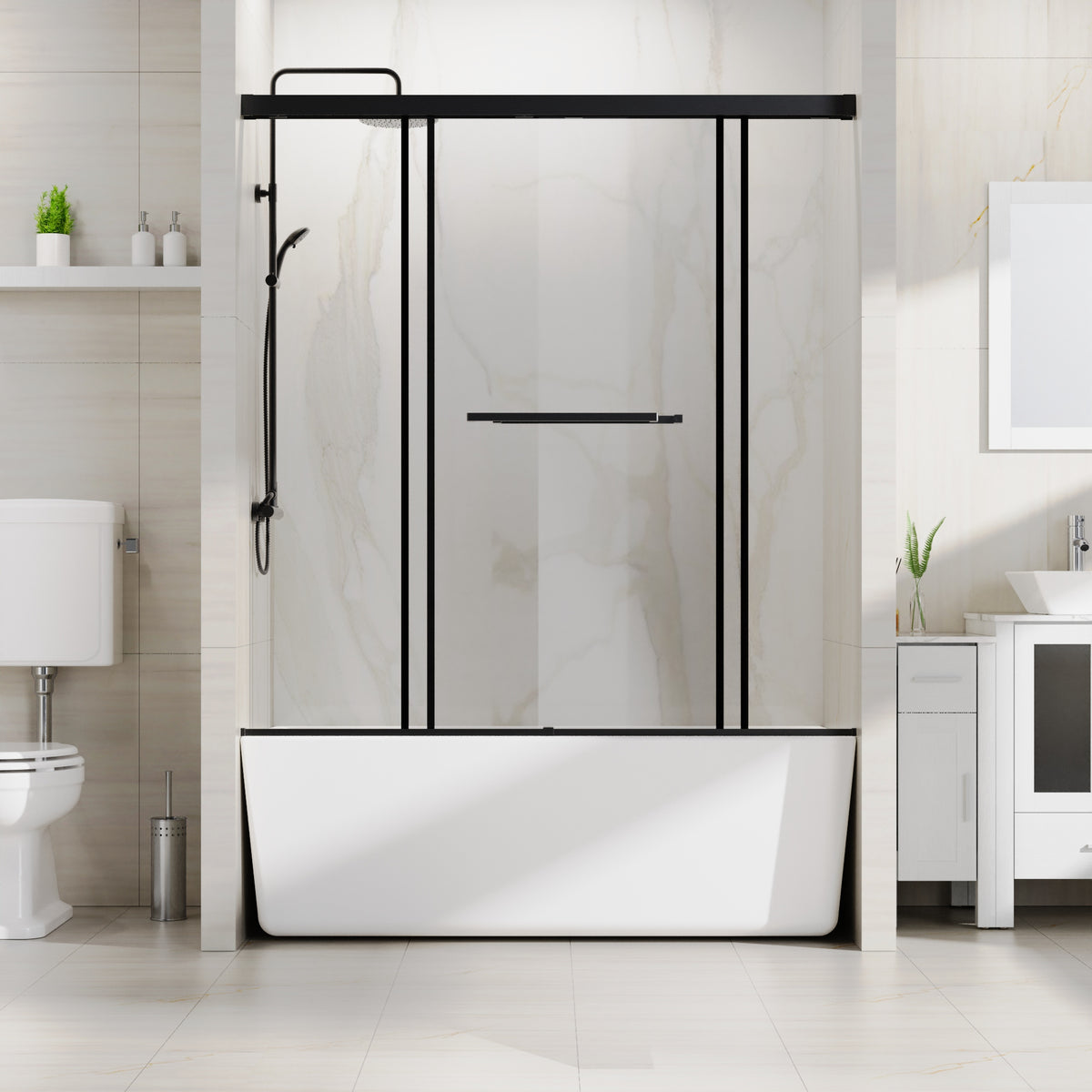 Goodyo 58.5-60 in. W x 62 in. H Sliding Tub Shower Door, Soft-Close Dual Sliding Glass Door with Matte Black Aluminum Frame