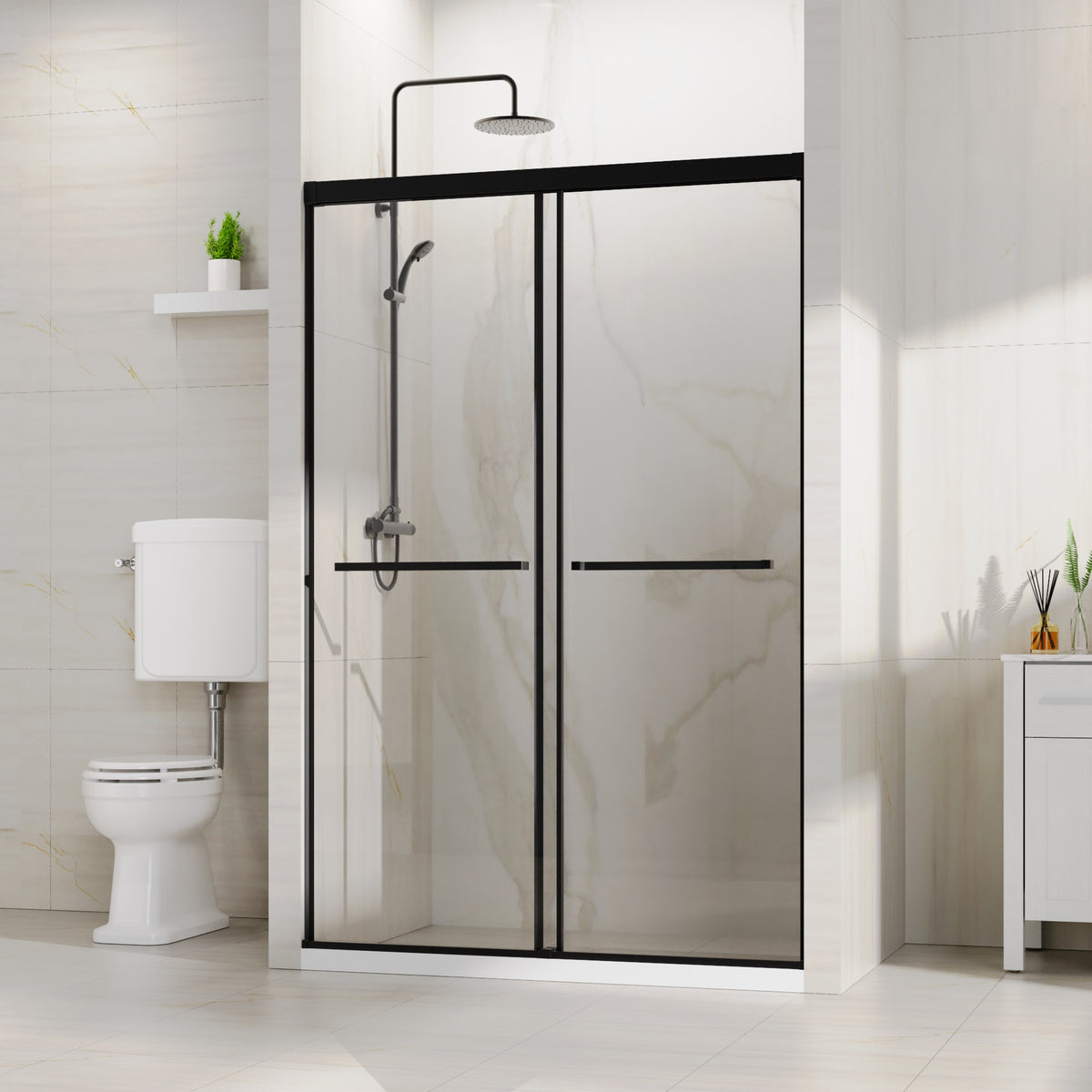 Goodyo 48" x 72" Dual Sliding Shower Door with Soft-Close System, Frameless Glass Shower Enclosure, Matte Black Aluminum Hardware