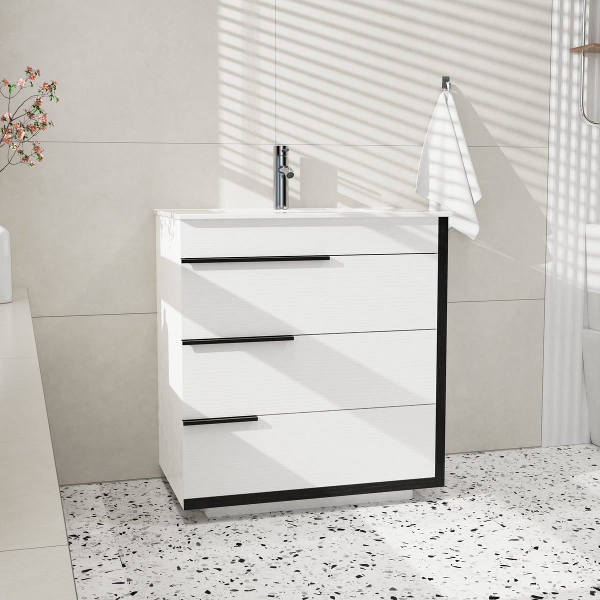 Goodyo 30" Modern Bathroom Vanity with Ceramic Sink, Freestanding 3 Drawers Bathroom Cabinet