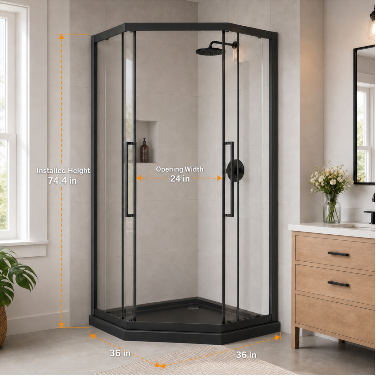 Goodyo Neo-Angle Shower Door Kit, 36"x36"x72" Corner Shower Door with Black Base, Double Sliding All Black Shower Door Set, Clear Tempered Glass Enclosure Space-saving