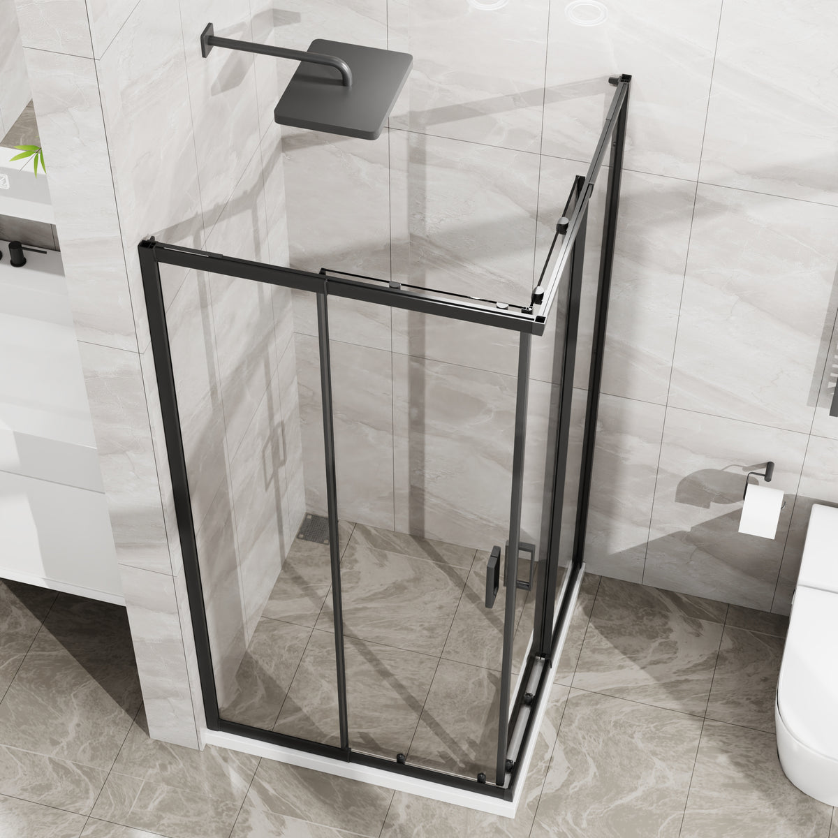 Goodyo Adjustable Square Shower Enclosure, Fits 32–36 in. Square Spaces Double Sliding Shower Doors 72.in H Matte Black