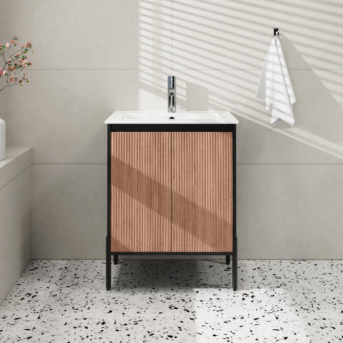 Goodyo 30" Modern Bathroom Vanity with Sink Combo – Fluted Walnut & Black Freestanding Cabinet with Adjustable  Metal Feet