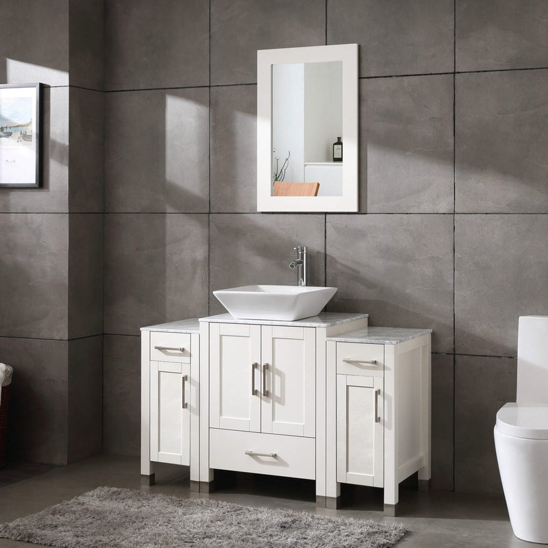 48" White Bathroom Vanity with Sink, Marble Top & Mirror