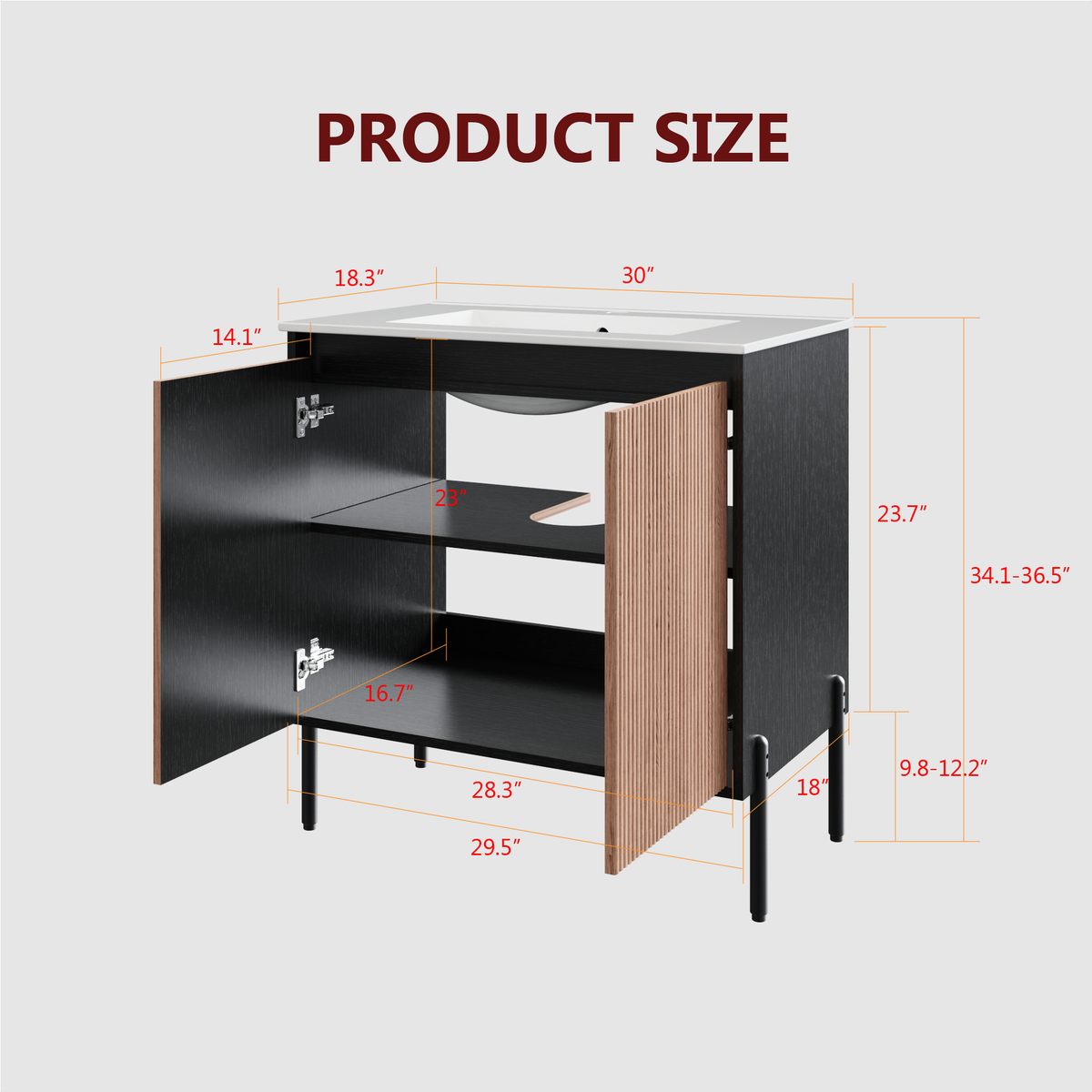 Goodyo 30" Modern Bathroom Vanity with Sink Combo – Fluted Walnut & Black Freestanding Cabinet with Adjustable  Metal Feet