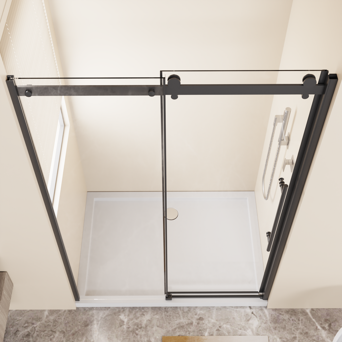 Goodyo 48" W x 72" H Frameless Sliding Shower Door, 1/4" Clear Tempered Glass, Reversible Single Sliding Door with Zinc Rollers & Stainless Steel Handle, Matte Black Finish