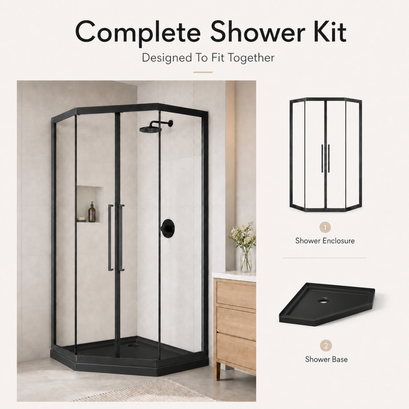 Goodyo Neo-Angle Shower Door Kit, 36"x36"x72" Corner Shower Door with Black Base, Double Sliding All Black Shower Door Set, Clear Tempered Glass Enclosure Space-saving