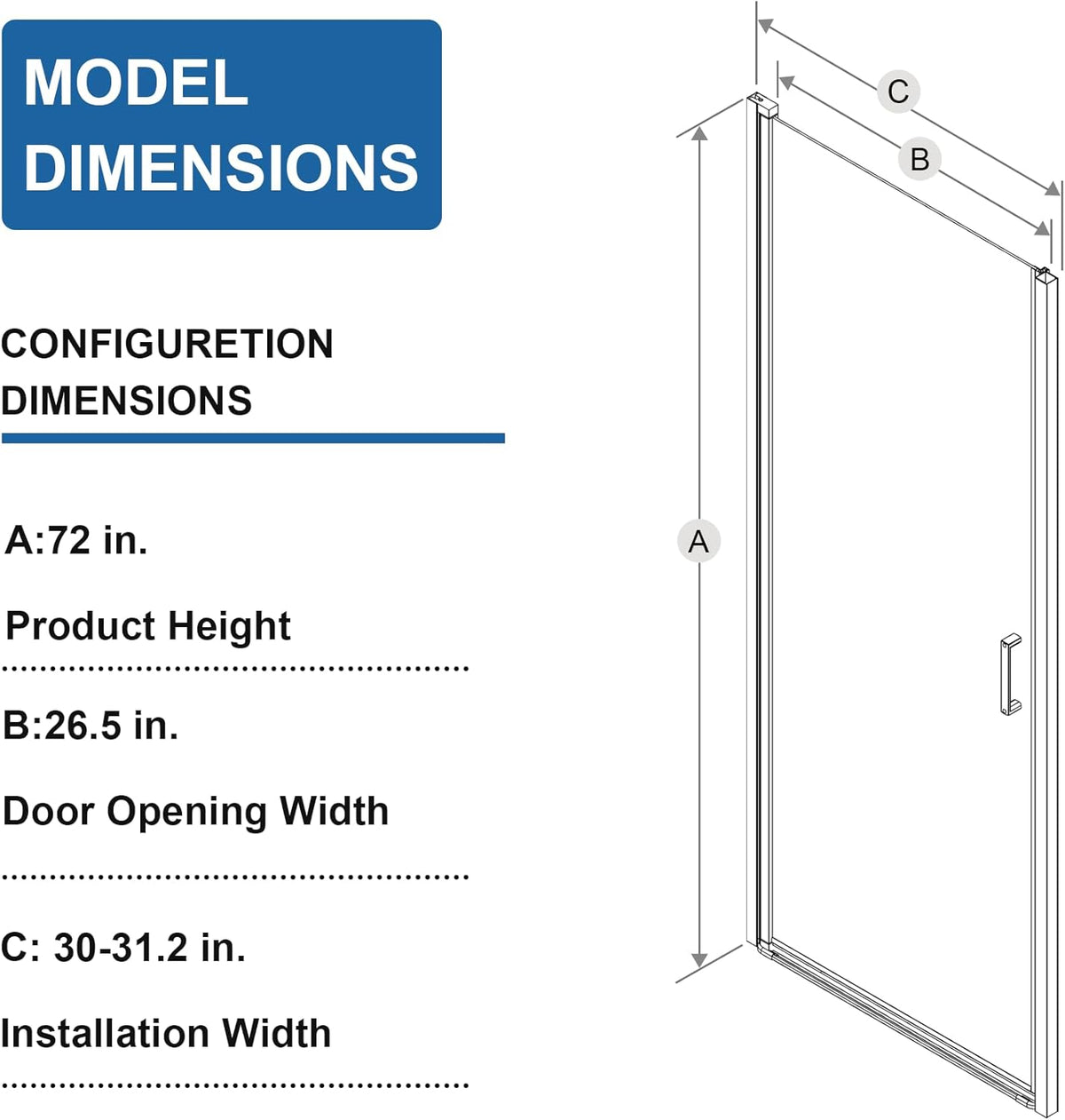 Goodyo® 30” x 72” Pivot Swing Shower Door, Hinged Shower Door, Chrome, Semi-Frameless Design