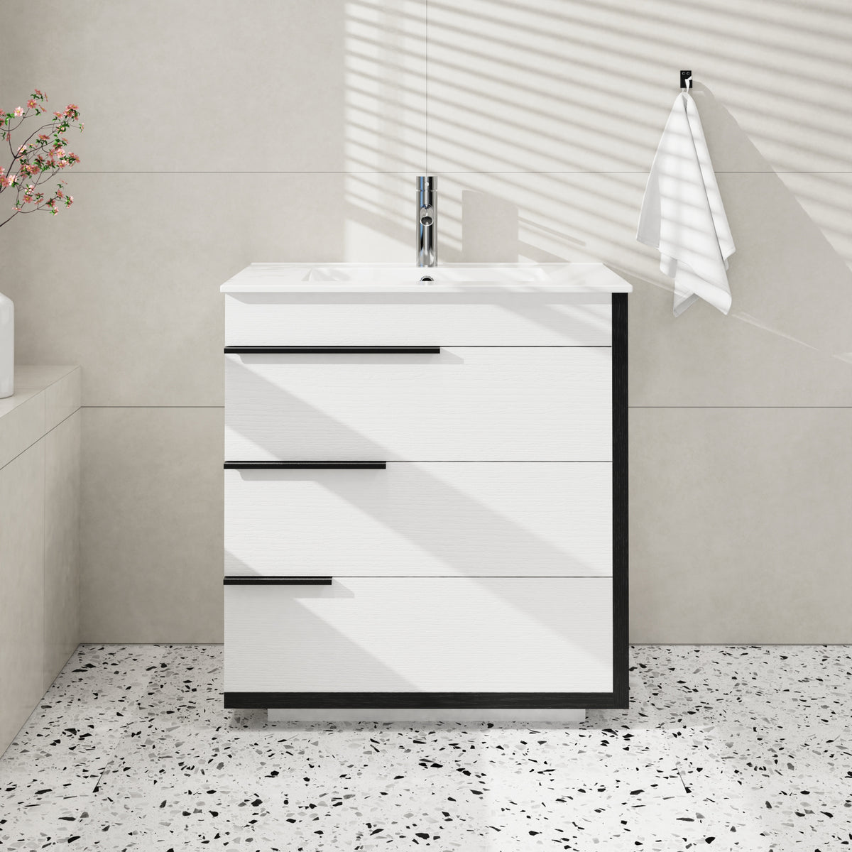 Goodyo 30" Modern Bathroom Vanity with Ceramic Sink, Freestanding 3 Drawers Bathroom Cabinet