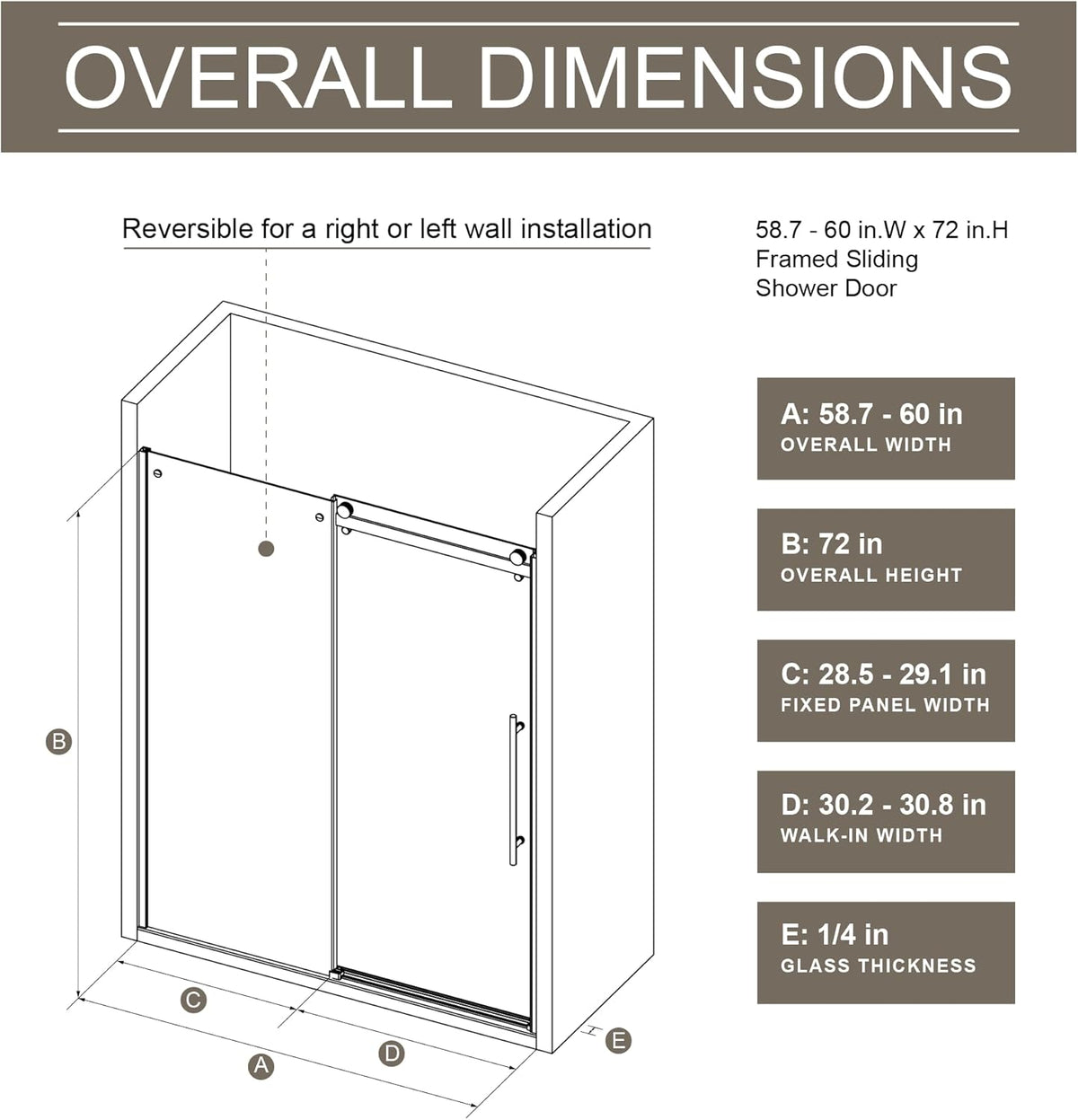 Goodyo® 60"x72" Frameless Shower Sliding Door ,Quiet Sliding Rail System, Stainless Steel Handle, 1/4 in Clear  Tempered Glass, Matte Black