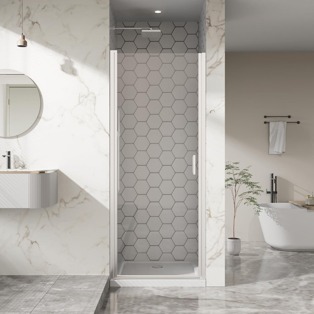 Goodyo® 30” x 72” Pivot Swing Shower Door, Hinged Shower Door, Chrome, Semi-Frameless Design