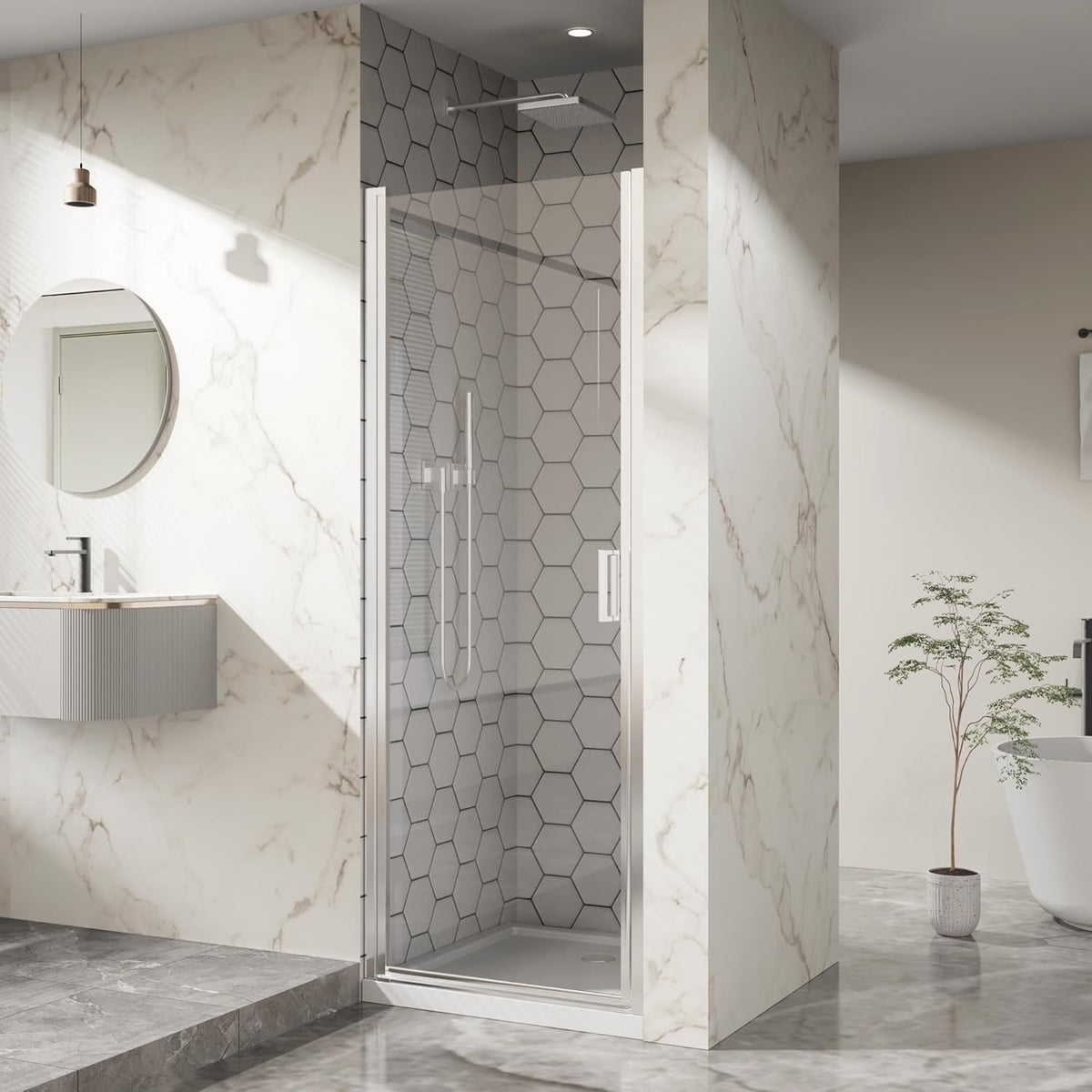 Goodyo® 28” x 72” Pivot Swing Shower Door, Hinged Shower Door, Chrome, Semi-Frameless Design