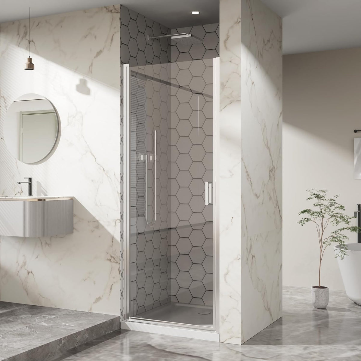 Goodyo® 30” x 72” Pivot Swing Shower Door, Hinged Shower Door, Chrome, Semi-Frameless Design