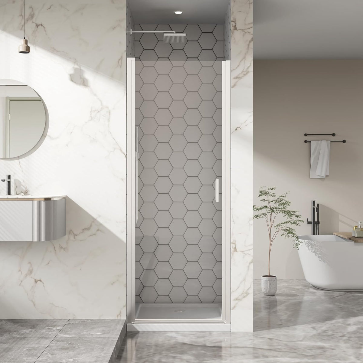 Goodyo® 28” x 72” Pivot Swing Shower Door, Hinged Shower Door, Chrome, Semi-Frameless Design