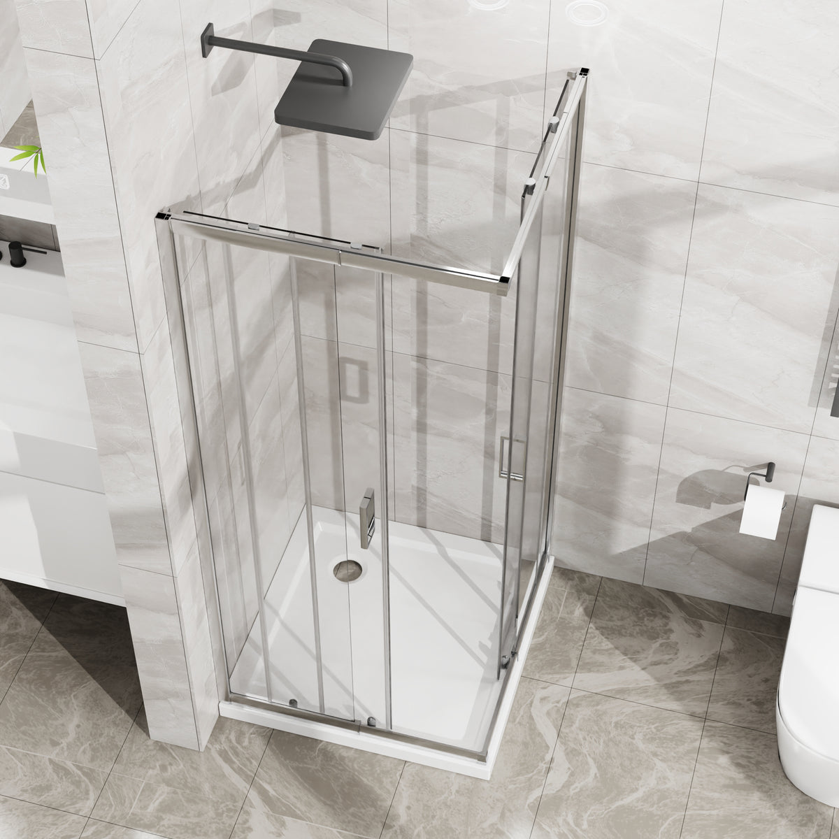 Goodyo Corner Shower Door Enclosure 32" W x 32" D x 72" H Tempered Glass Shower Door with Base Combo, Chrome Double Sliding Door with White Acrylic Shower Pan